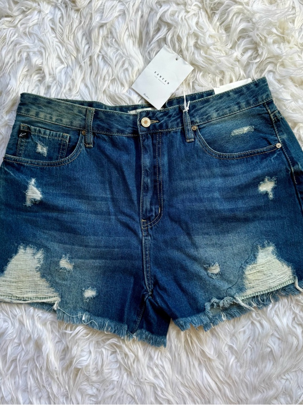 KanCan Distressed Dark Blue Frayed Hem Jean Shorts